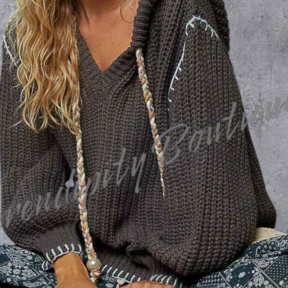 POL Boho Grunge Oversized Slouch Chunky Cable Knit Balloon Sleeve Hoodie Sweater - Picture 3 of 12